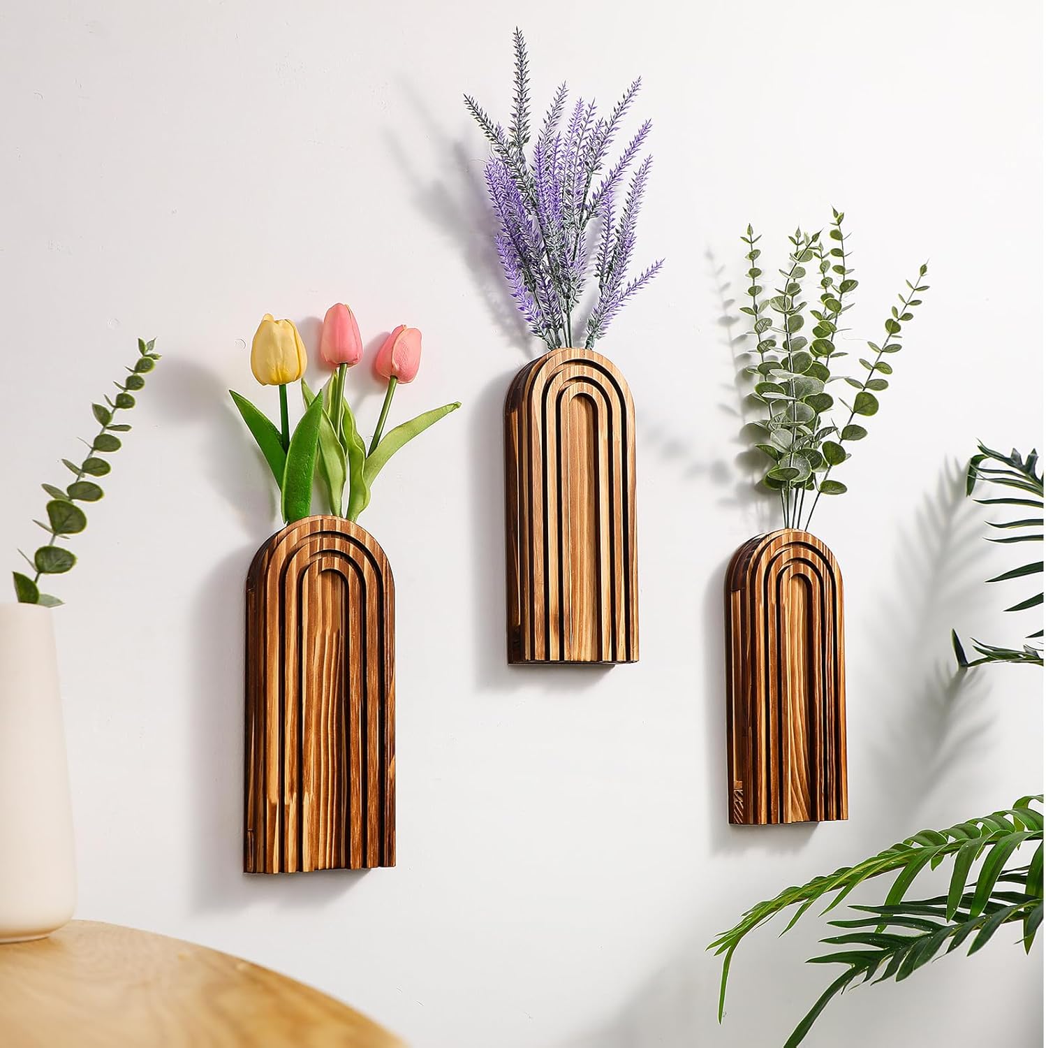 Ziliny 4 Pack Wall Planter Indoor Decor Plant Holders Boho Wood Hanging Vases for Modern Farmhouse Living Room Bedroom Rainbow Decor (Dark Brown)