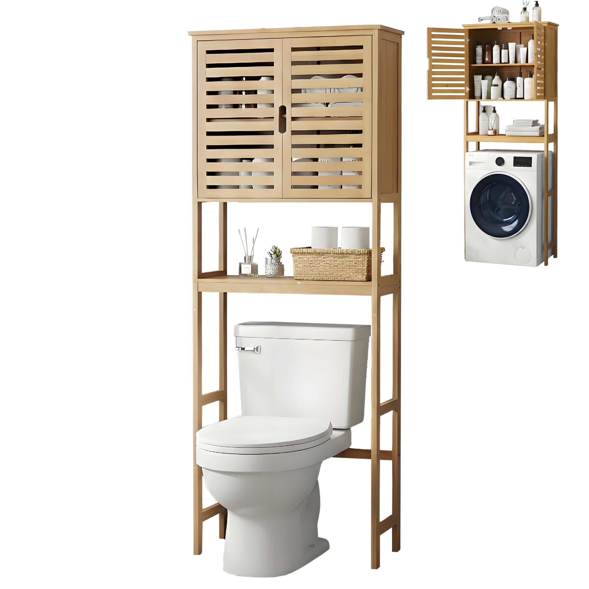 Toilettenregal Bambus 170x66x23 cm - Waschmaschinenregal | Badregal bambus, wc regal, platzsparend, ueberbauschrank, waschmaschinenschrank, kippschutz, lamellentueren, stabil