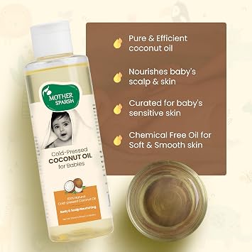 Mother Sparsh Cold Pressed Coconut Oil for Baby Massage, Skin & Hair Care | 100% Natural Baby Oil for New Born | 200ml