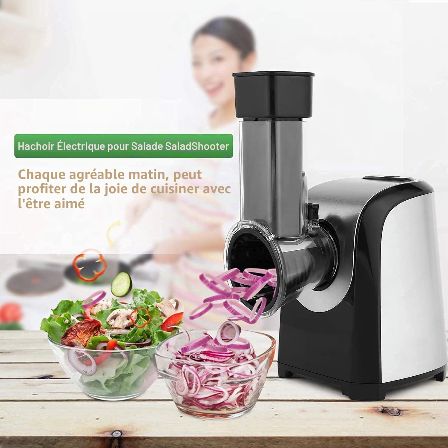 Mandoline électrique professionnelle 150 W, 5 en 1, en acier inoxydable, avec 5 tambours de coupe pour fruits, légumes, fromages et utilisation quotidienne, Argent/Noir