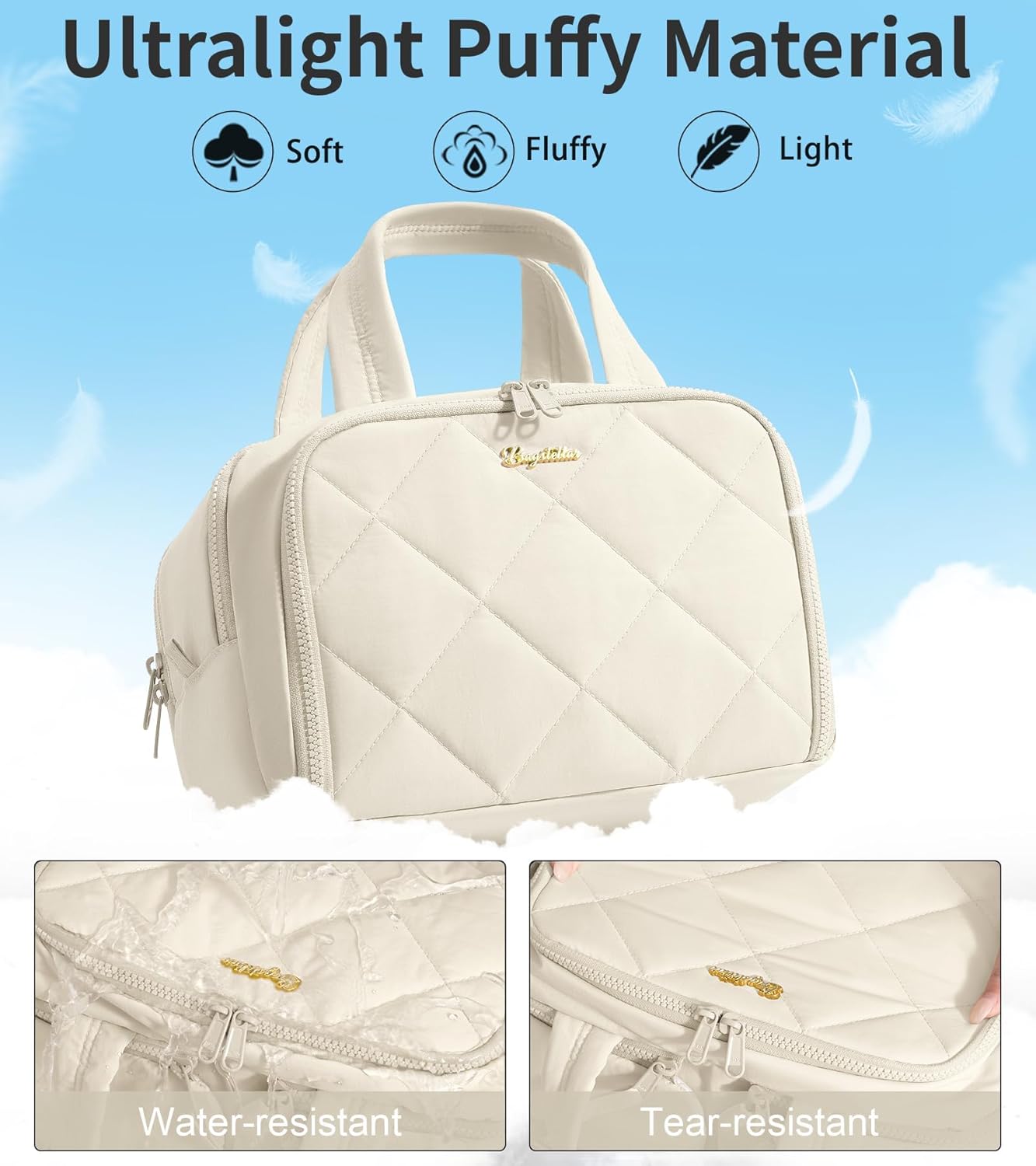 Travel Toiletry Bag, Large Wide-open Puffy Toiletry Bag for Women, Lightweight Quilted Makeup Bag Cosmetic Organizer with Handle Water-resistant Travel Essentials for Toiletries Accessories Beige - Image 4