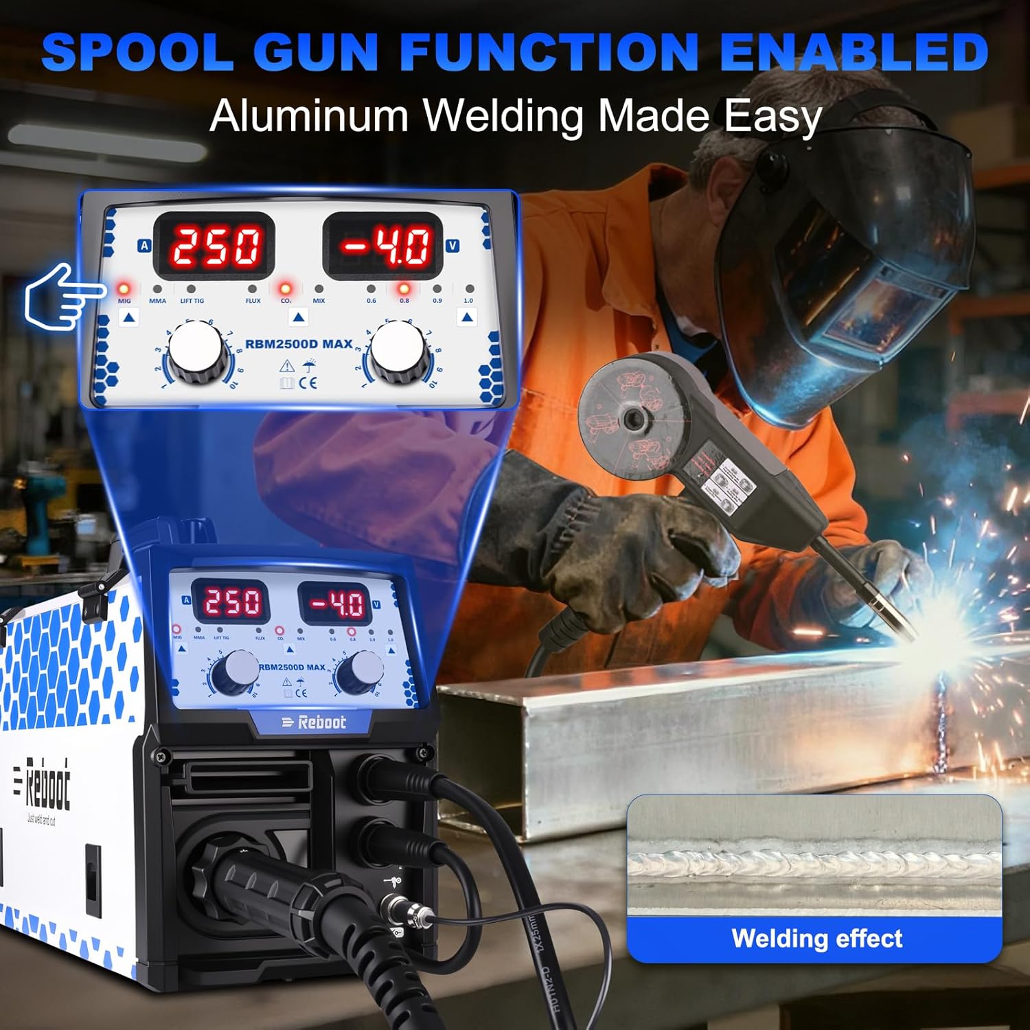 Reboot RBM2500D MAX welder with included accessories and dimensions.