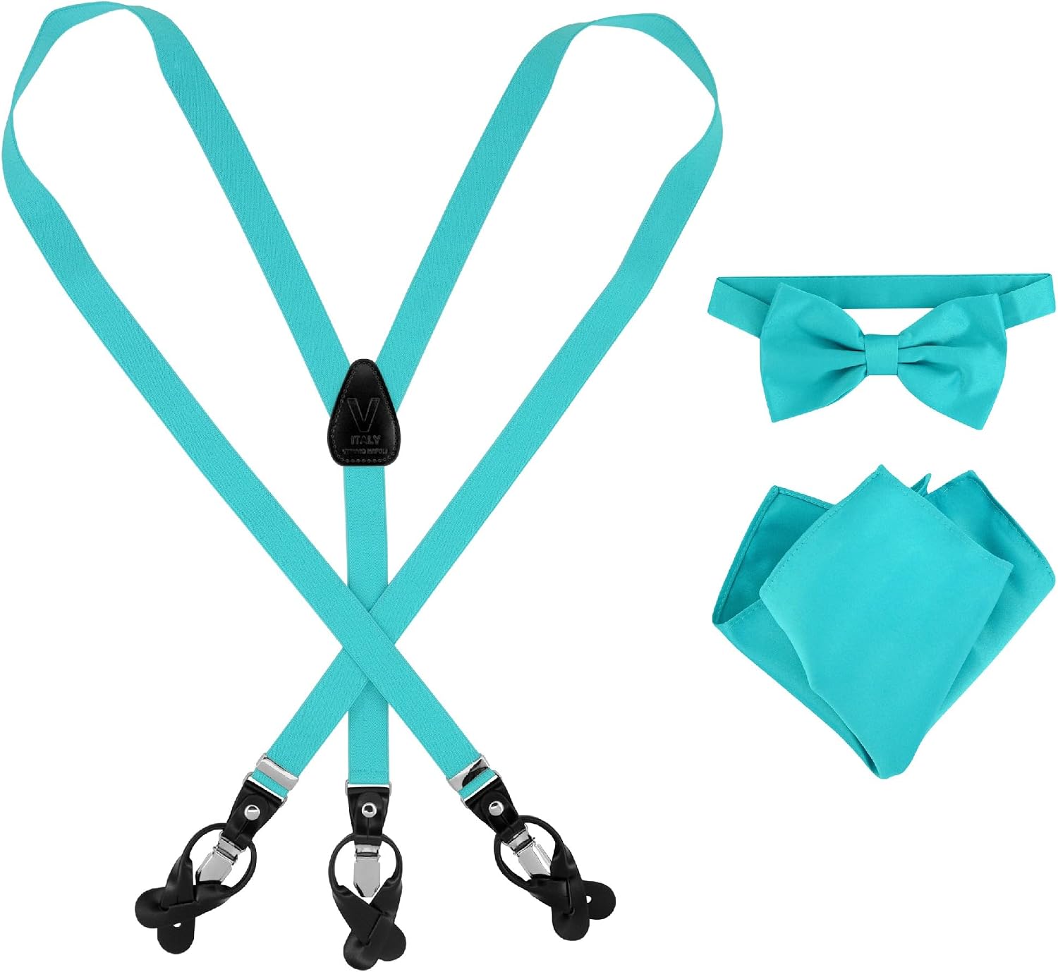 Vesuvio Napoli Mens Suspenders Box Set Bow Tie Pocket Square Hanky Suspender Clips Buttons Vibrant Solid Colors