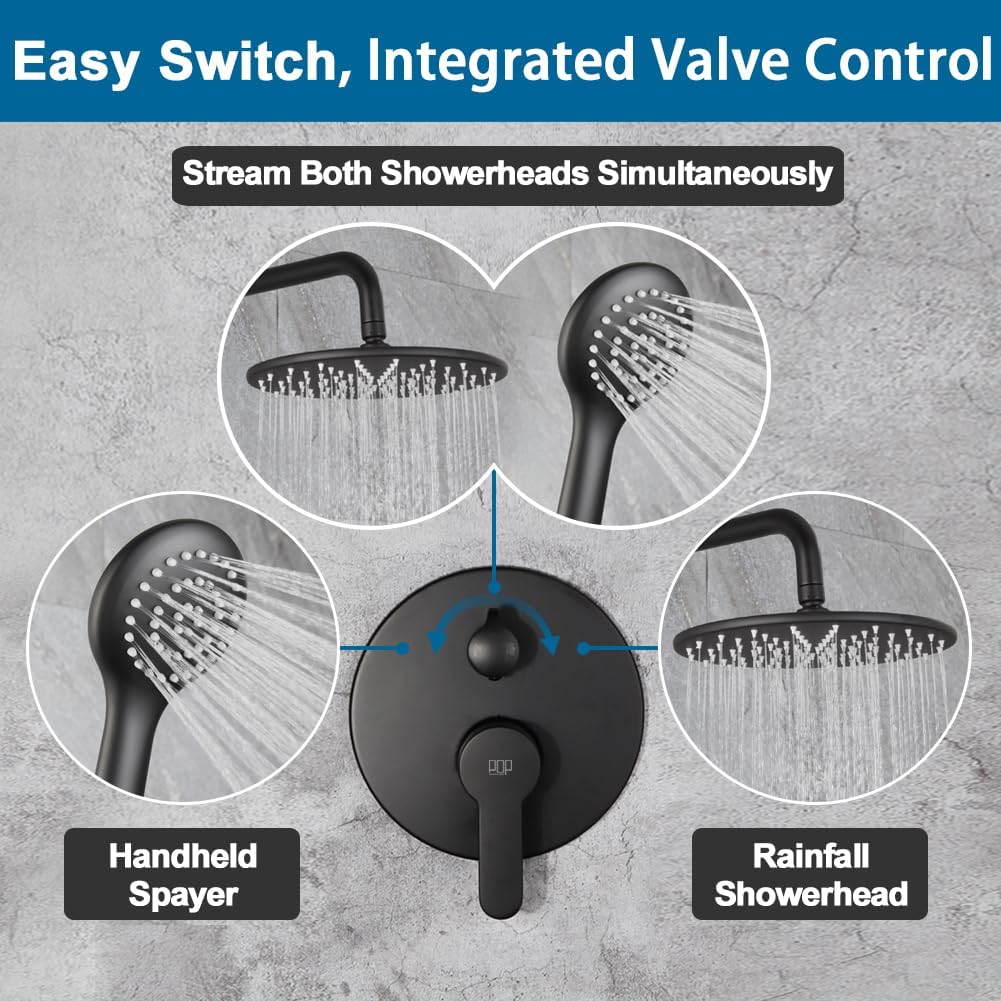 POP SANITARYWARE All Metal Black Shower Faucet Set, 10 Inch Round Shower Head and Handle Set, Bathroom Rainfall Shower System, Wall Mounted Shower Fixtures, Include Shower Valve and Trim Kit