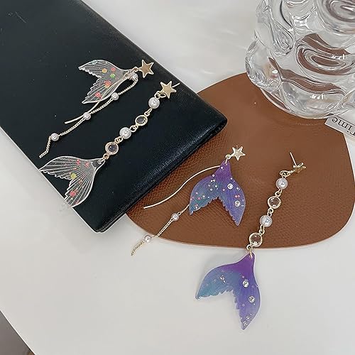 Vista 6 de Aretes de sirena, bonitos aretes colgantes con cola de sirena para mujer, lentejuelas acrílicas, cola de pez, borlas largas, aretes de cadena