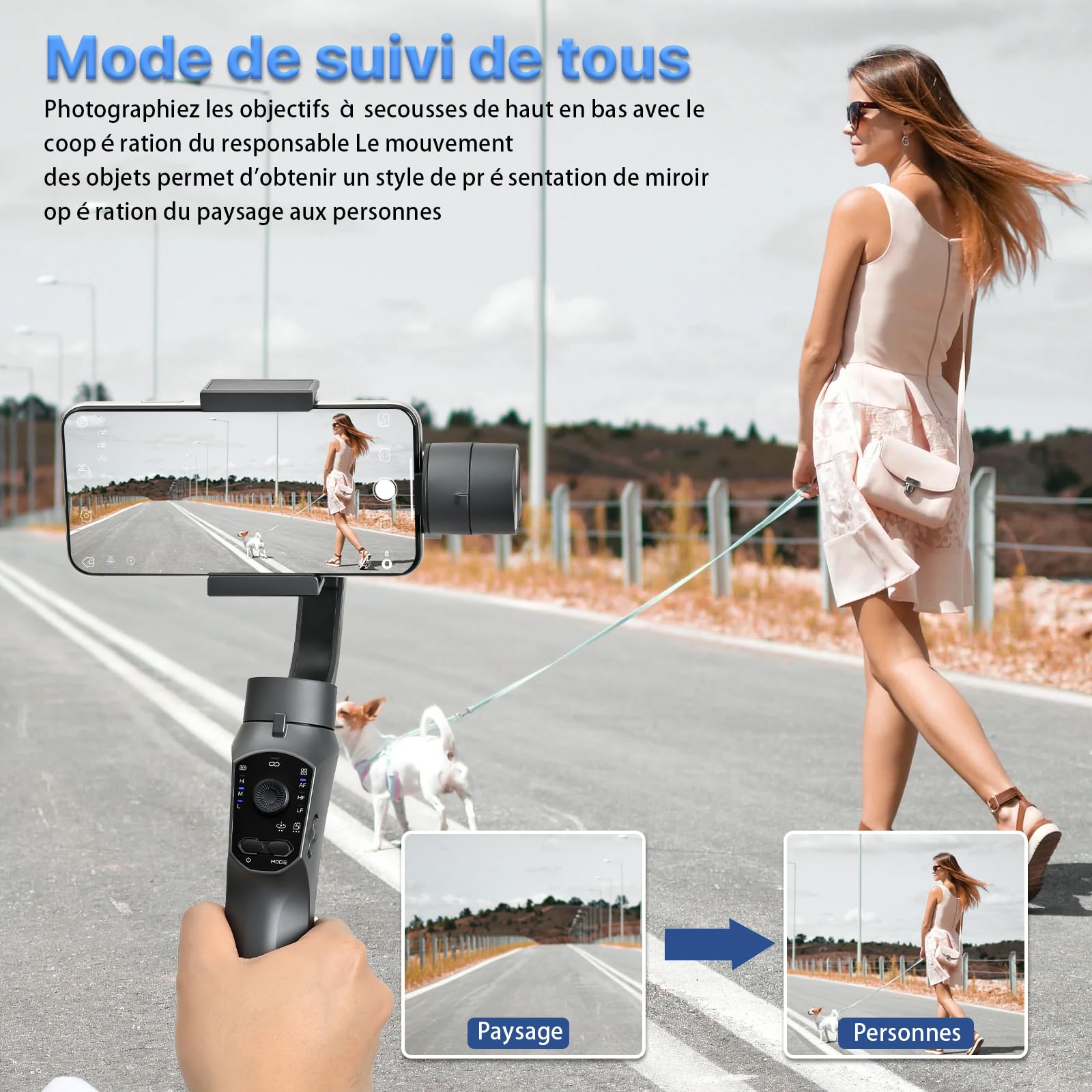 Stabilisateur Smartphone, Stabilisateur Cardan sur 3 Axes,Suivi AI, Mode Ultra Grand Angle pour iPhone 15/14/13/XR Pro/Max,Samsung Galaxy/Huawei,Charge utile 280 g,Vloggers/Youtube