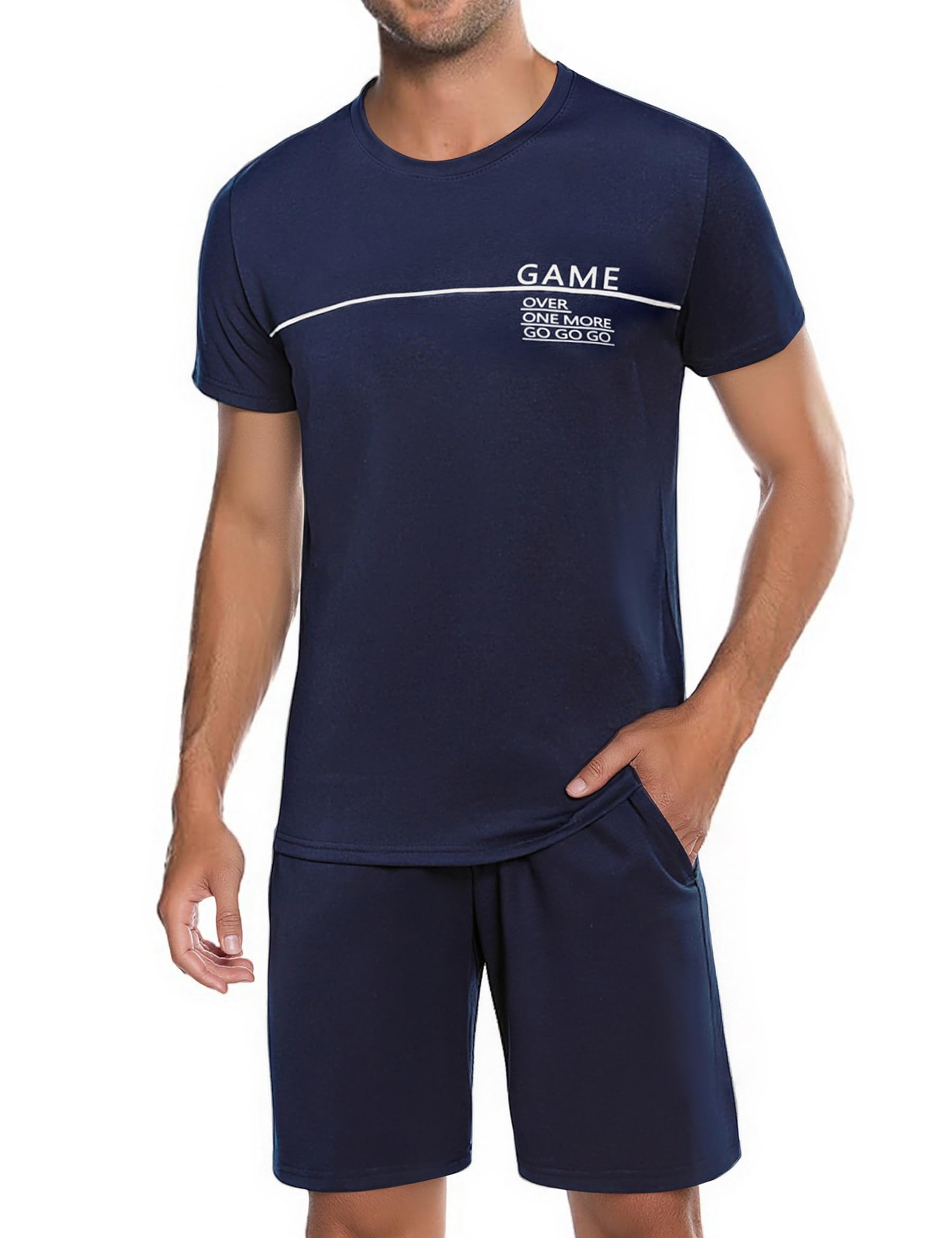 Marvmys Herren Schlafanzug Kurz Pyjama Baumwolle V-Ausschnitt Nightwear Nachtwäsche Pyjamaset Kurzarm T-Shirt Schlafanzughose Shorty