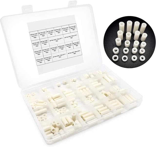 200 PCS ABS Round Spacer Washer Assortment Kit White Insulation Spacer for M3,M4 Screws Nylon Column Standoff Support Spacer with Plastic Box