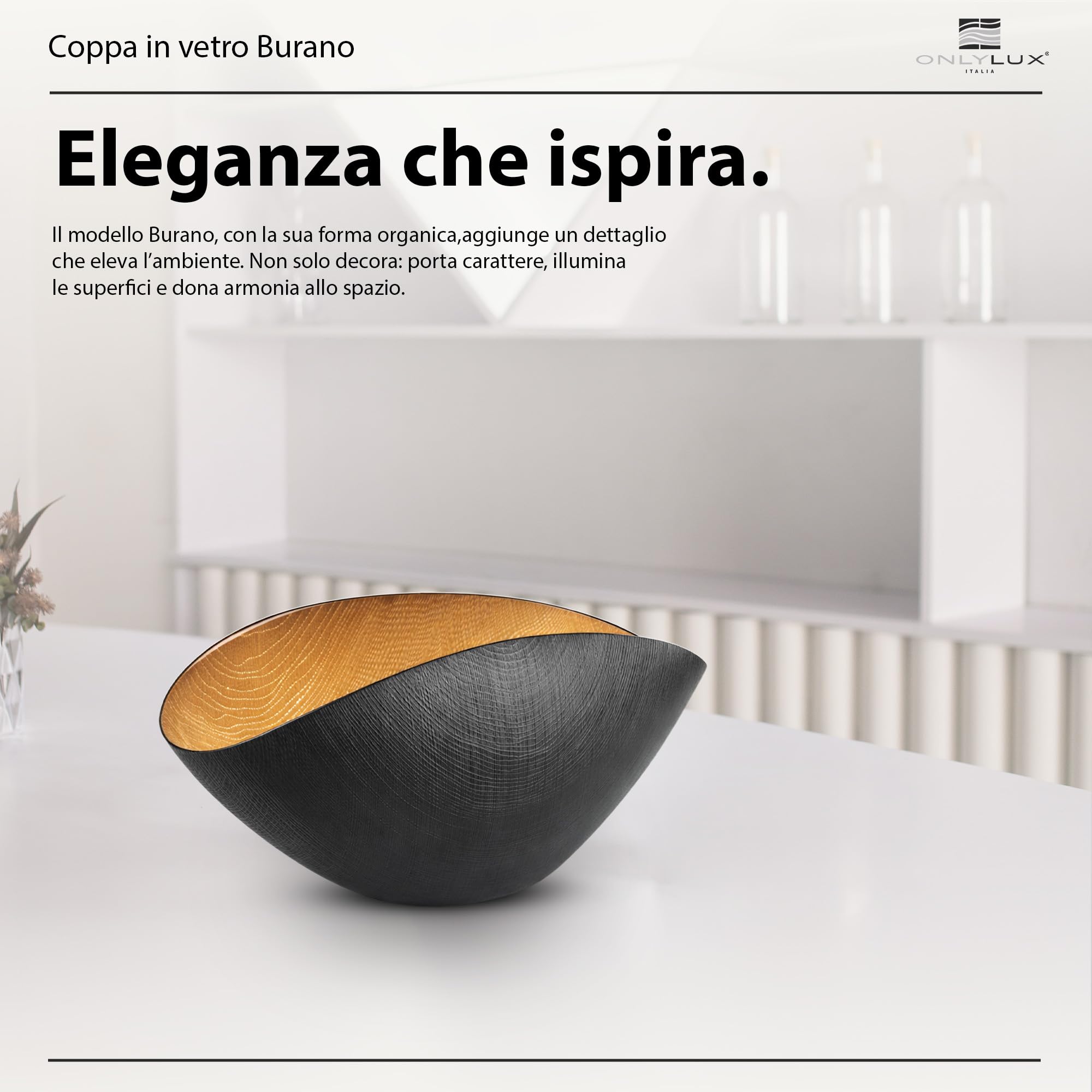 Onlylux Coppa Burano in Vetro Centrifugato Decorato a Mano - Centrotavola Decorativo 28 x 9,5 cm - Coppa in Vetro Artigianale per Arredo Casa - Nero Mat Oro