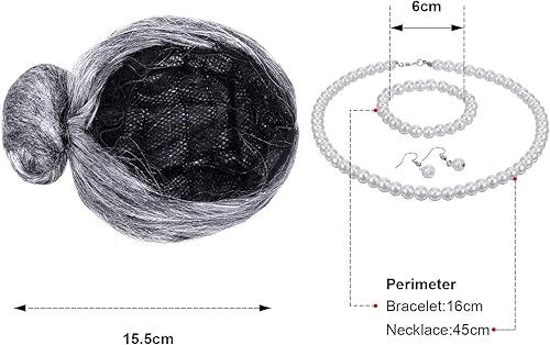 Miniatura 3 de Gejoy 7 Pcs Old Lady Wig Costume Set Grandma Hair Cap Glasses Chain Pearl Necklace for 100th Day of School Props Cosplay