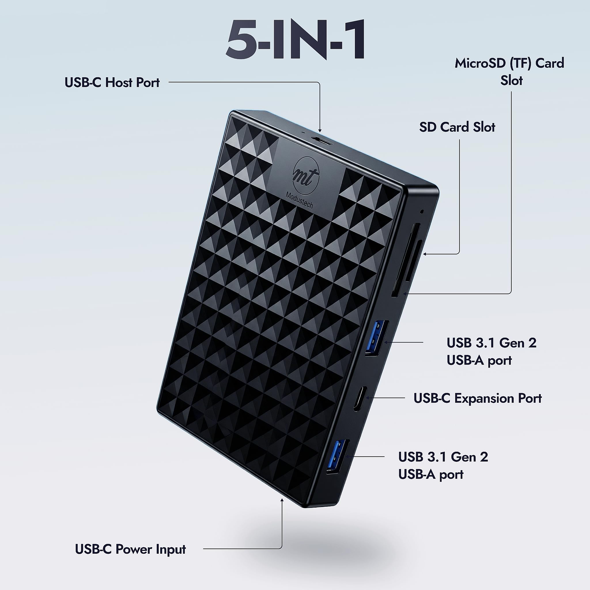 ModusTech Nexus - Disco duro externo portátil de 1 TB con estación de acoplamiento integrada, concentrador USB 3.1 5 en 1, USB 3.1 de 10 Gbps, SD y MicroSD, alimentado por bus, compatible con MacBook
