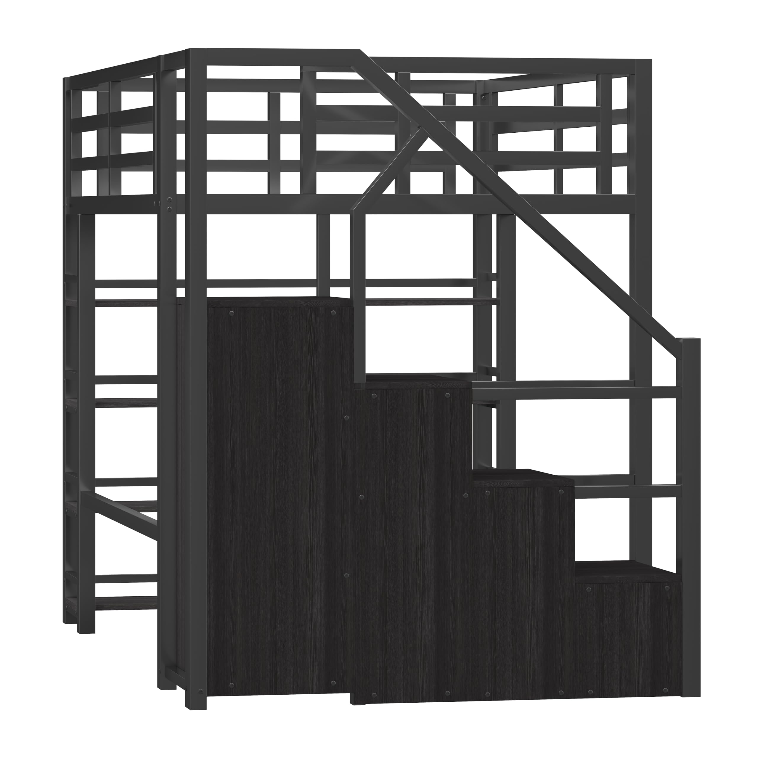 Moimhear Cama alta de metal de 140 x 200 cm, con escalera, armario, compartimentos de almacenamiento, iluminación LED, color negro