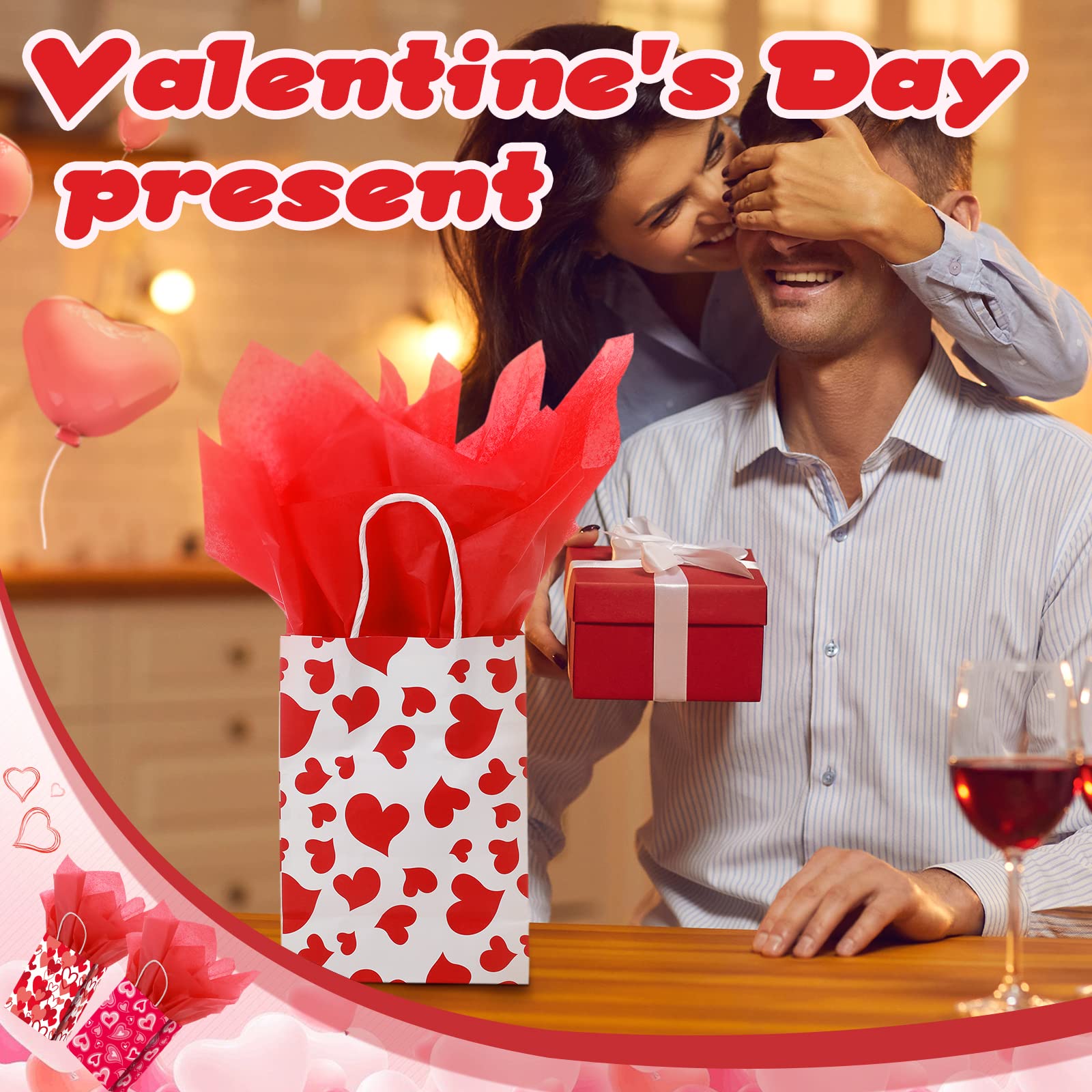 24 Valentine's Day Gift Bags With Tissue & Tags – Red Heart Paper Bags For Candy, Treats & Party Favors