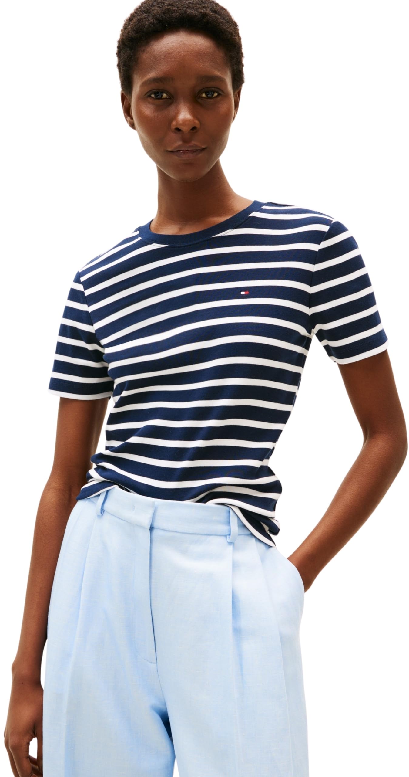 Tommy Hilfiger Women’s Short Sleeve Round Neck Slim Cody T-Shirt, Multicolor (Dark Night Navy/Ecru STP), XL