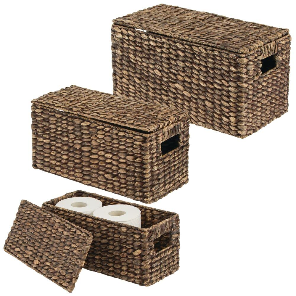 mDesign Woven Water Hyacinth Rectangle Storage Organizer Basket Bin with Topper Lid and Handles - Natural Farmhouse Holder Containers for Closet, Bedroom, Bathroom, Office - Set of 3 - Dark Brown