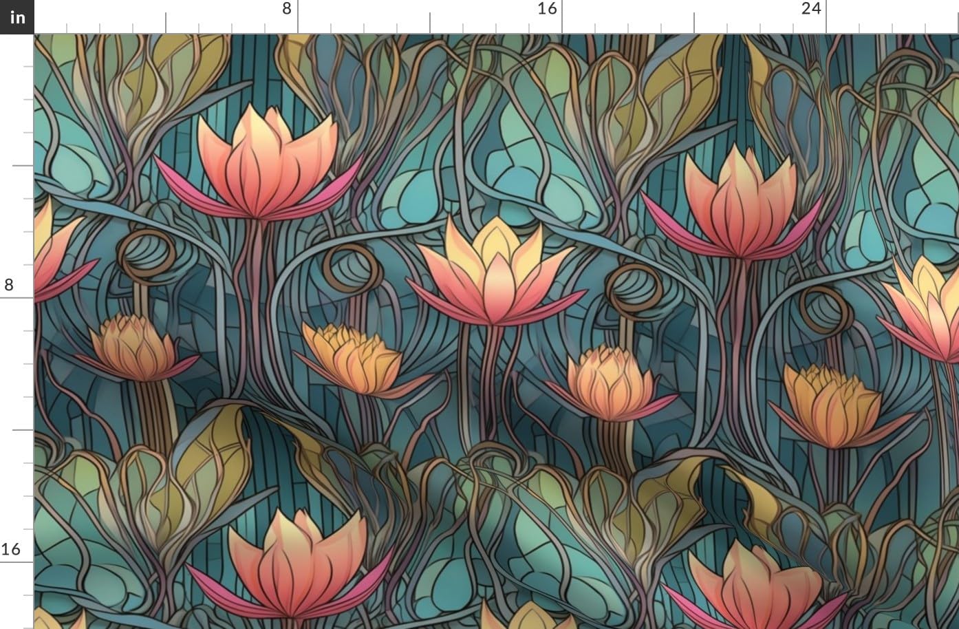 Spoonflower Fabric - Art Deco Floral Egyptian Lotus Stained Glass Nouveau Flowers Botanical Printed on Organic Cotton Sateen Fabric by The Yard - Sewing Quilting Apparel Home Decor