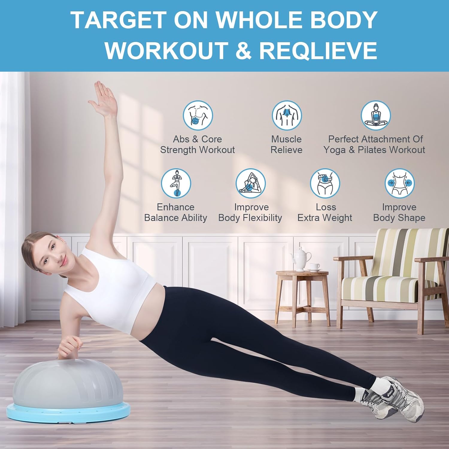 Exercise Ball Balance Trainer, Inflatable Yoga ball With Plank &Game Function, Half Balance Trainer For Core Strength Training, Workout equipment For Home With Resistance Bands. Blue