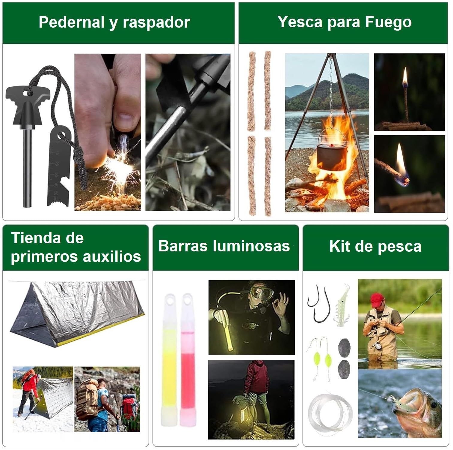 Kit de supervivencia para primeros auxilios con Hacha de Martillo Multifuncional 28 articulos distintos, Kit de Emergencia para Viajar Caminar Acampada Montaña