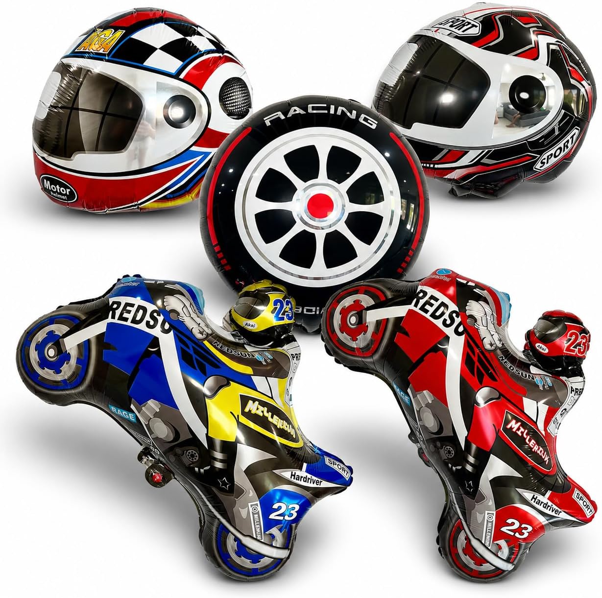 Motorcycle Balloon Set (5PC) Dirt Bike & Helmet Balloons | Racing Theme Birthday Party Decorations for Kids | Jumbo Foil Balloons Party Supplies Baby Shower & Gender Reveal