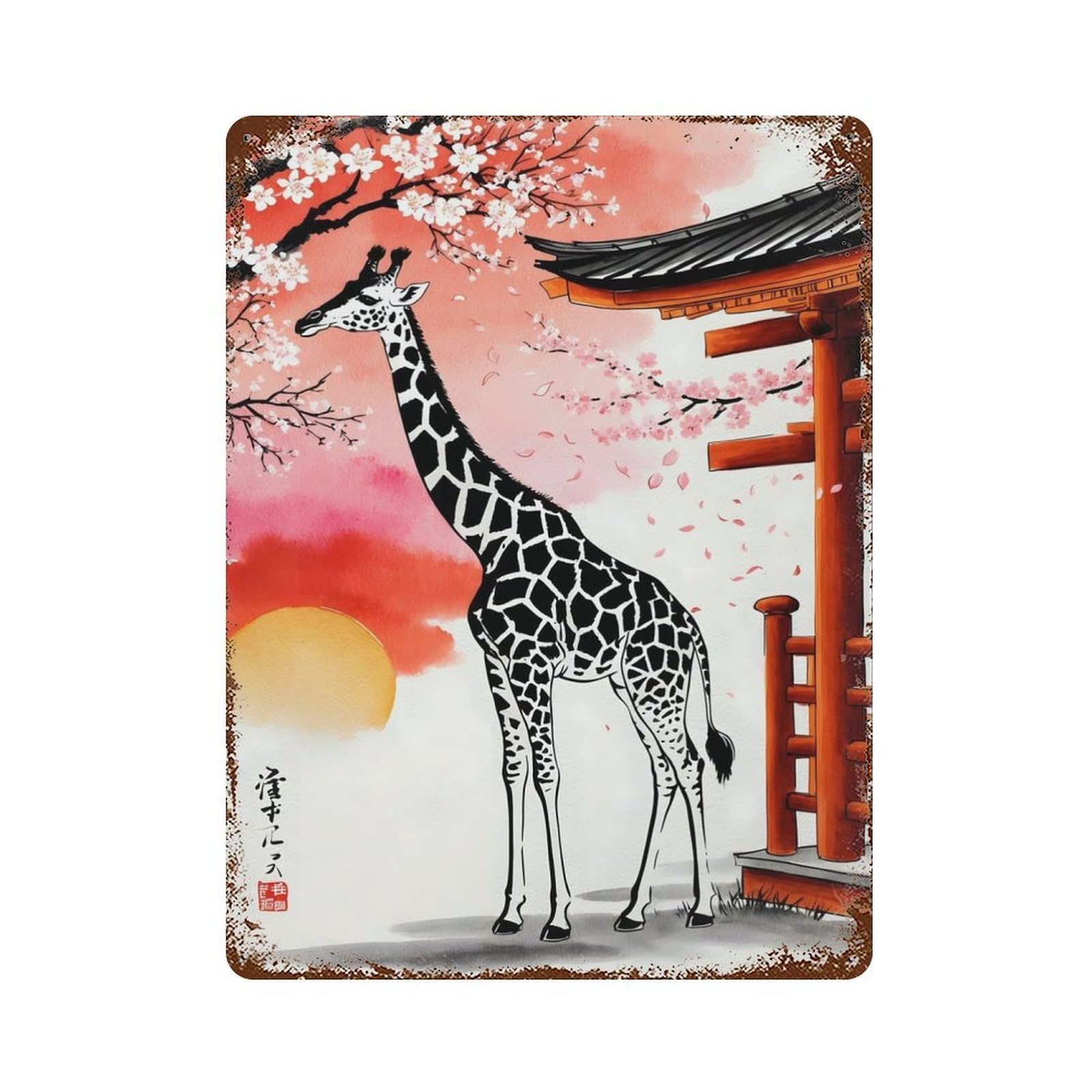 Giraffe Japan Painting Weathered Tin Sign 15.7"x11.8", for Garage, Bar And Workshop Decor, Vintage Wall Decor
