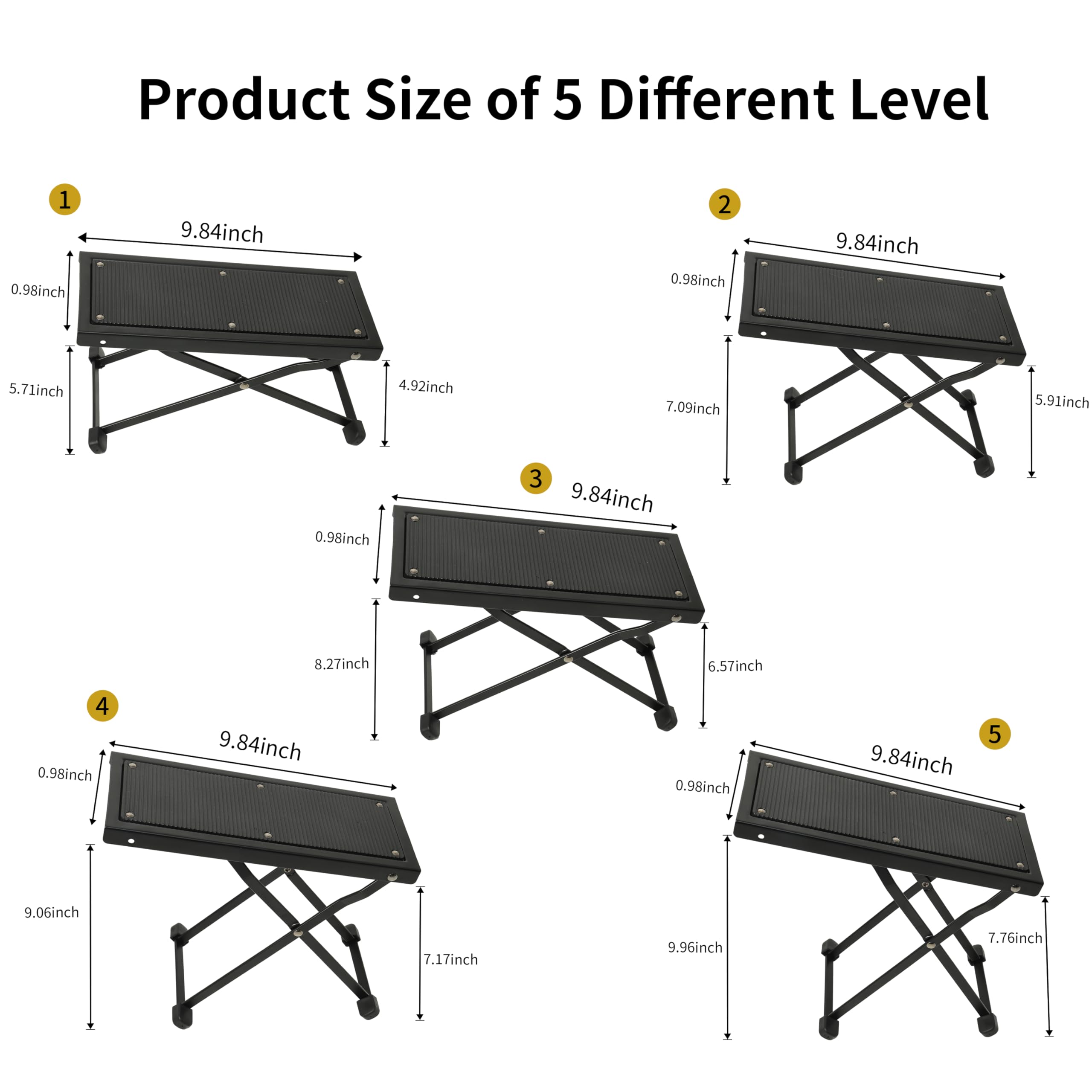 BexGears Guitar Foot Rest 5-Position Height Adjustable Rubber End Caps Stool Adjustable Guitar Leg Rest Step Footstool Black for Classical Guitar Player