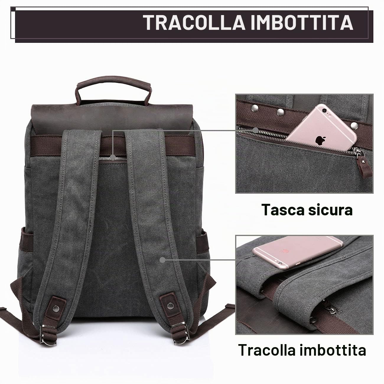 VASCHY Zaino da uomo, impermeabile, 15,6 pollici, zaino per la scuola, stile retrò, vintage, in pelle, per adolescenti, viaggi