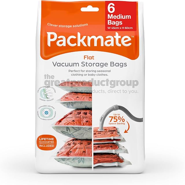 Packmate - 6 Medium 60 x 45cm Flat Vacuum Storage Bags - Ideal for Storing Baby Clothes, Pillows, Blankets, Towels and Much More