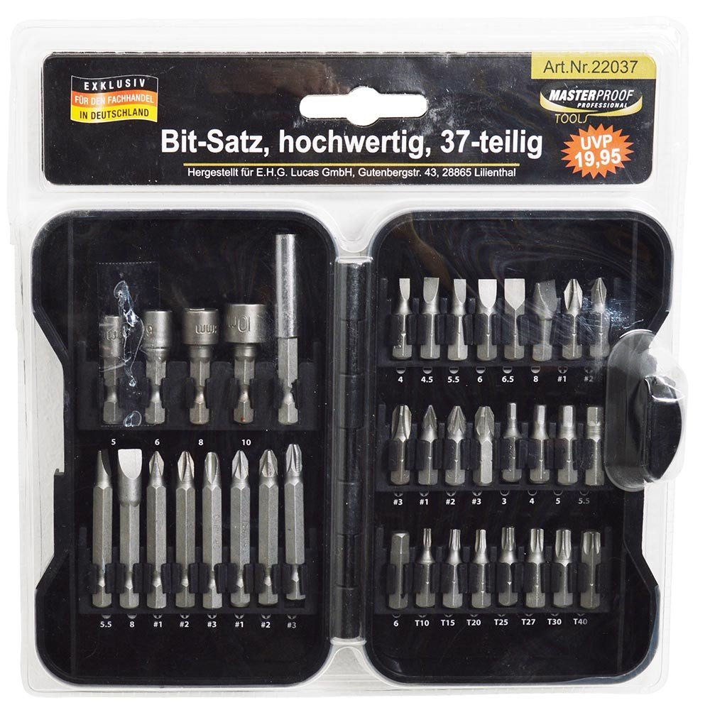 E.H.G Lucas Bit-Set Sortiment mit Kreuz Schlitz TX und Stecknuss, 37-teilig MasterProof
