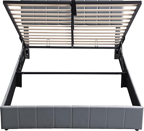 Miniatura 21 de Harper & Bright Designs Cama tapizada de plataforma matrimonial con almacenamiento elevable, marco de cama de tamaño matrimonial con almacenamiento