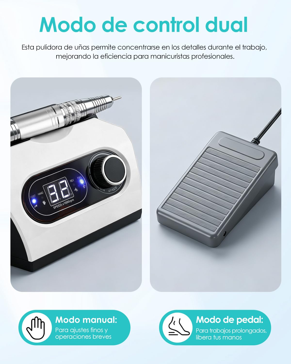 CozyZen Lima Eléctrica de Uñas Profesional 35000 RPM con Pedal | Máquina de Lijado de Uñas Enchufable con Pantalla LED, Control de Velocidad, 6 Fresas para Acrílico, Gel, Hogar y Salón