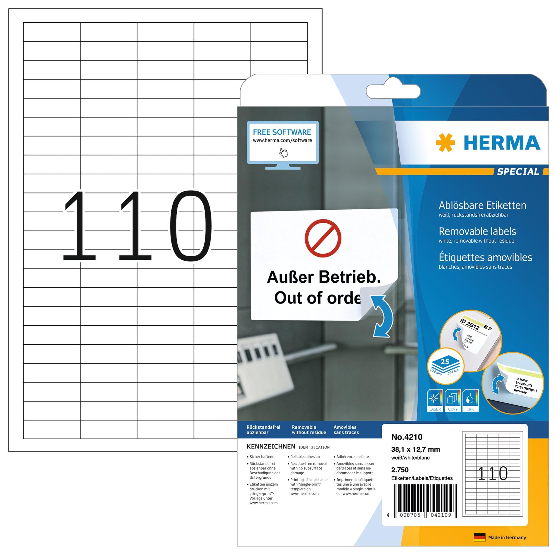 HERMA Self Adhesive Removable Multi-Purpose Labels, 110 Labels Per A4 Sheet, 2750 Labels For Printers, Small, 38.1 x 12.7 mm (4210), White