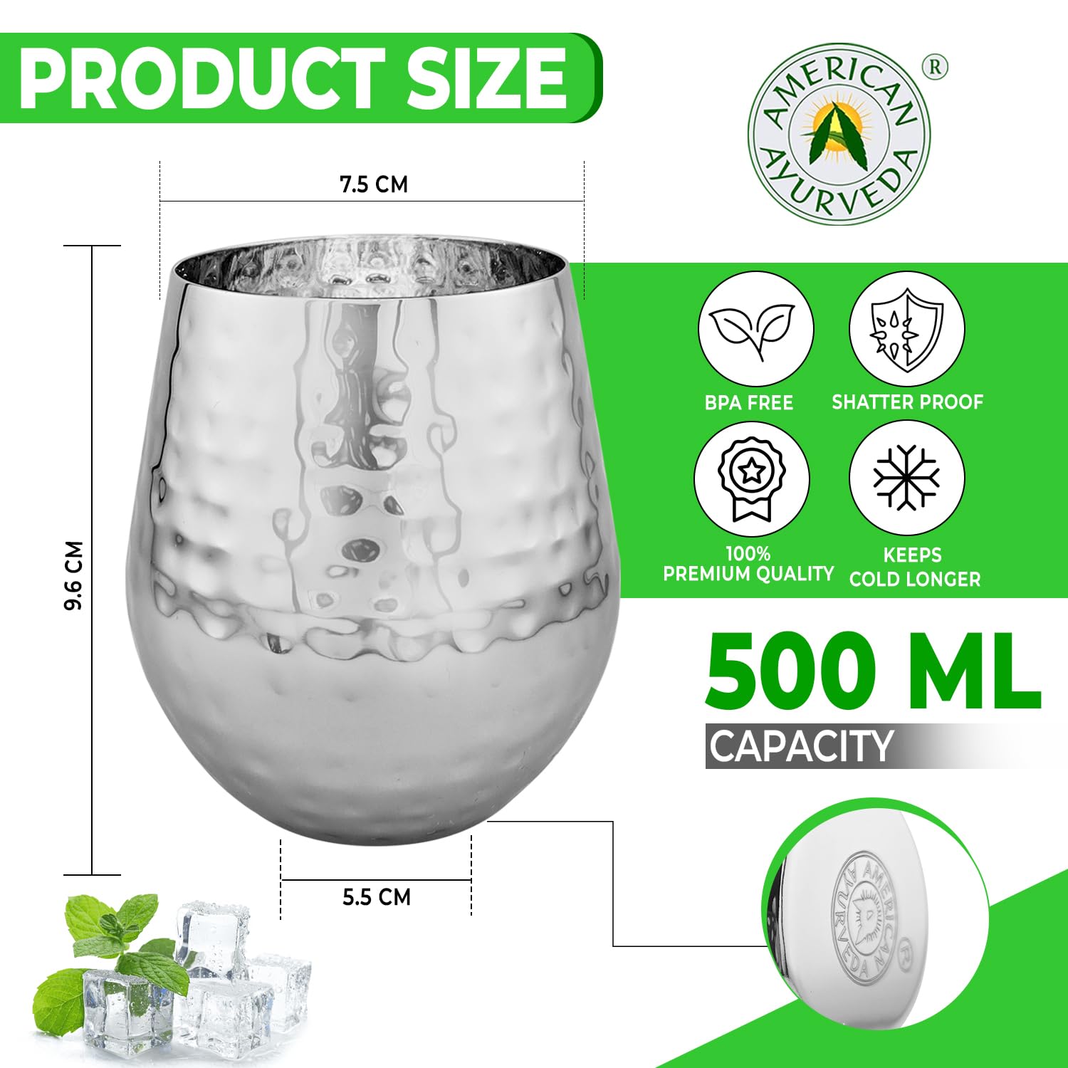 American Ayurveda Durable Heavy-Gauge 16.9oz (500ml) Stainless Steel Metal Mugs Cups Tumbler Drinking Glasses – Premium Grade, Single Wall, Food Grade, Set of 4 (Hammered High Polish)