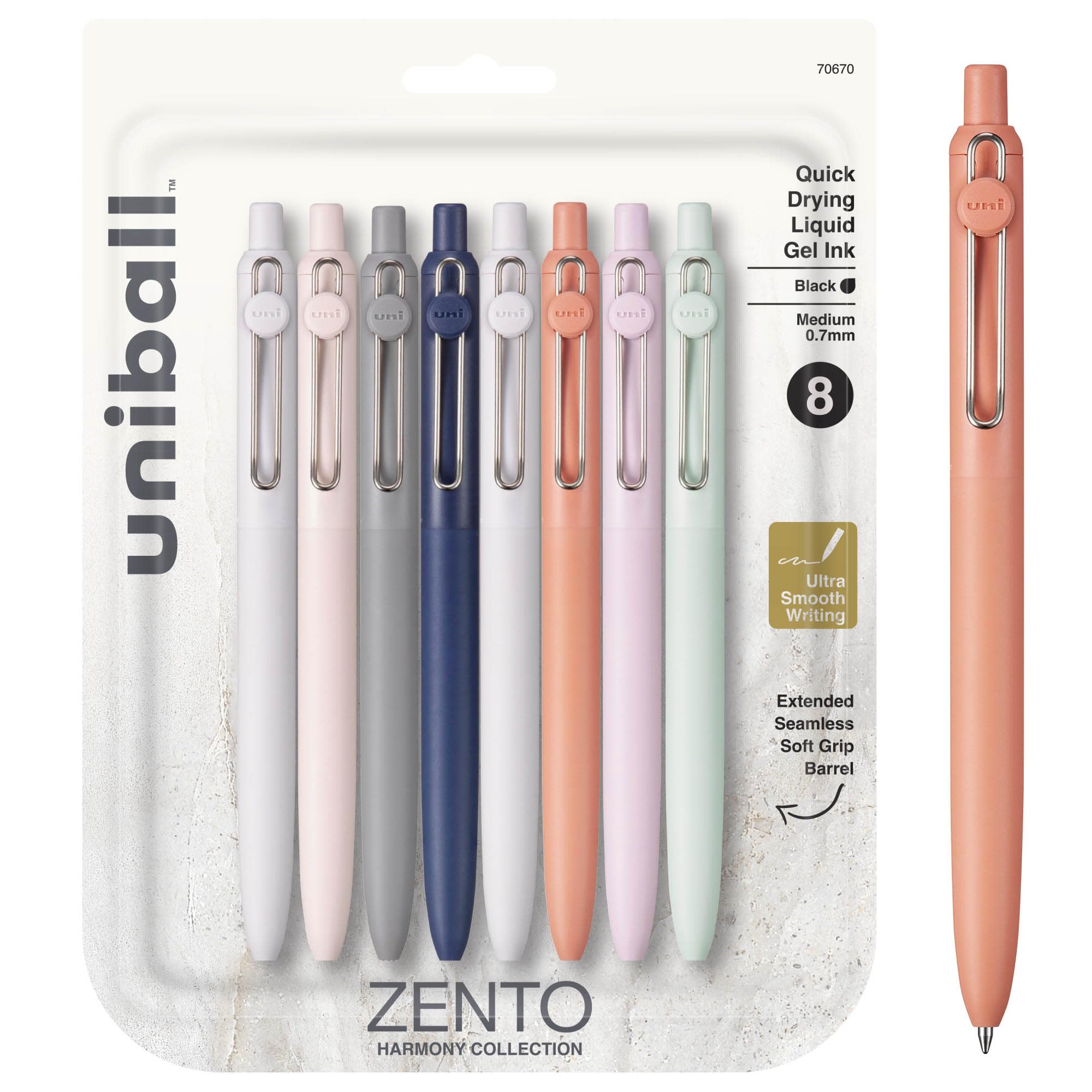 Uniball Zento Gel Ink Rollerball Pens, 8 Black Medium Point Smooth Writing Pens, Colored Japanese Pens, Harmony Colors