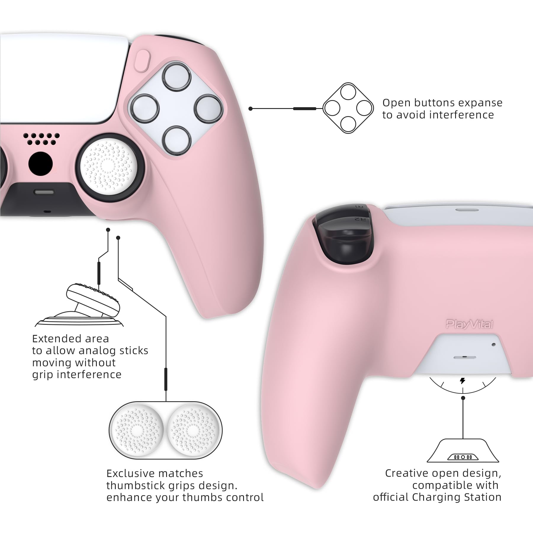 PlayVital Funda de Silicona Acoplable para ps5 Mando - Cubierta Protectora Antideslizante y Suave con 6 Tapas para Pulgar, Grip Mejorado, Compatible con Estación de Carga (Pure Series-Rosa)