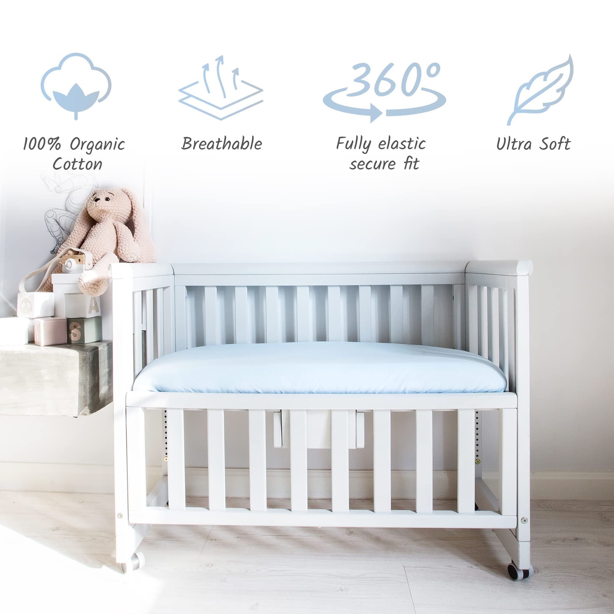 Crib Sheets 50x90cm - Organic Cotton 2 Pack Blue Cozee Bedside Crib Fitted Sheets - Soft Cot Sheets for Breathable Comfort - Image 2