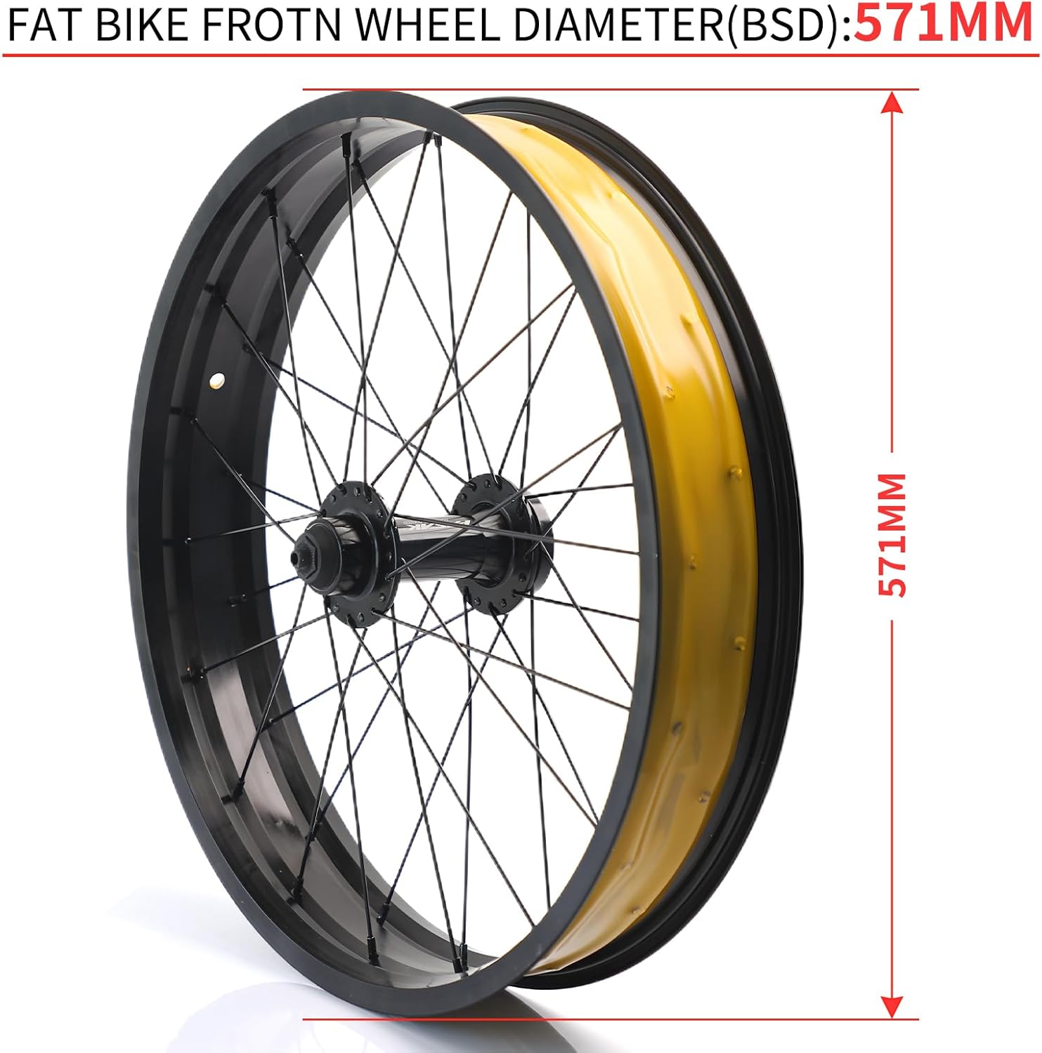 26in Snow Bike Front Wheel for E-Bike 26in X4.0 Tire Fat Bicycles Wheel for Beach Bike/Electric Bicycles Aluminum Alloy 36H Quick Release 9x135mm 6 Bolts Disc Brake Hub