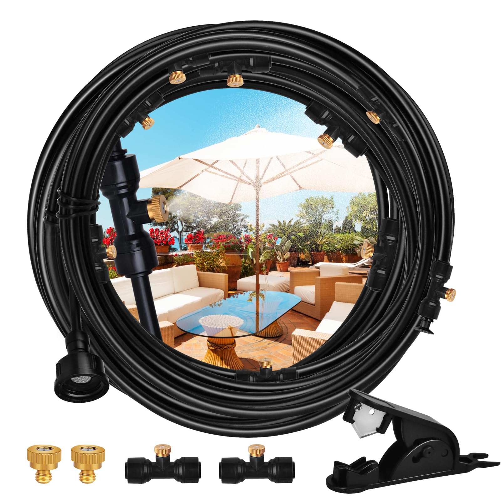 Misters System, 100FT DIY Outdoor Misting Cooling System Comprise +2 PE Adapters3/4+30 Brass Mist Nozzles+2 Tee Adapters+2 90 Degree Elbows, for