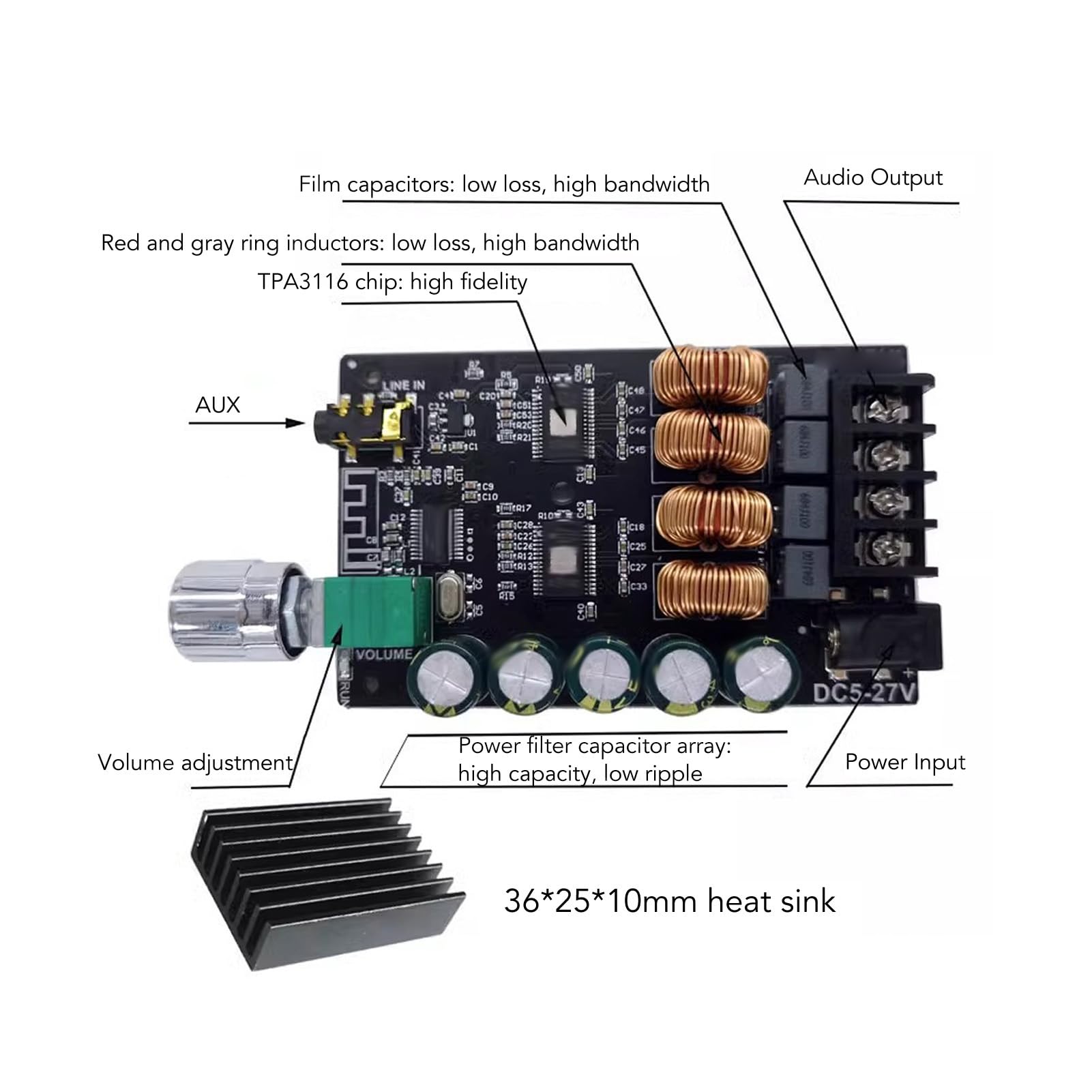 Amplificatore Bluetooth 5.0 TPA3116D2 200W (100W+100W) Per Fai-da-te: Scheda Hi-Fi Stereo Con Ingresso 3.5mm Per Altoparlanti Casalinghi - 3