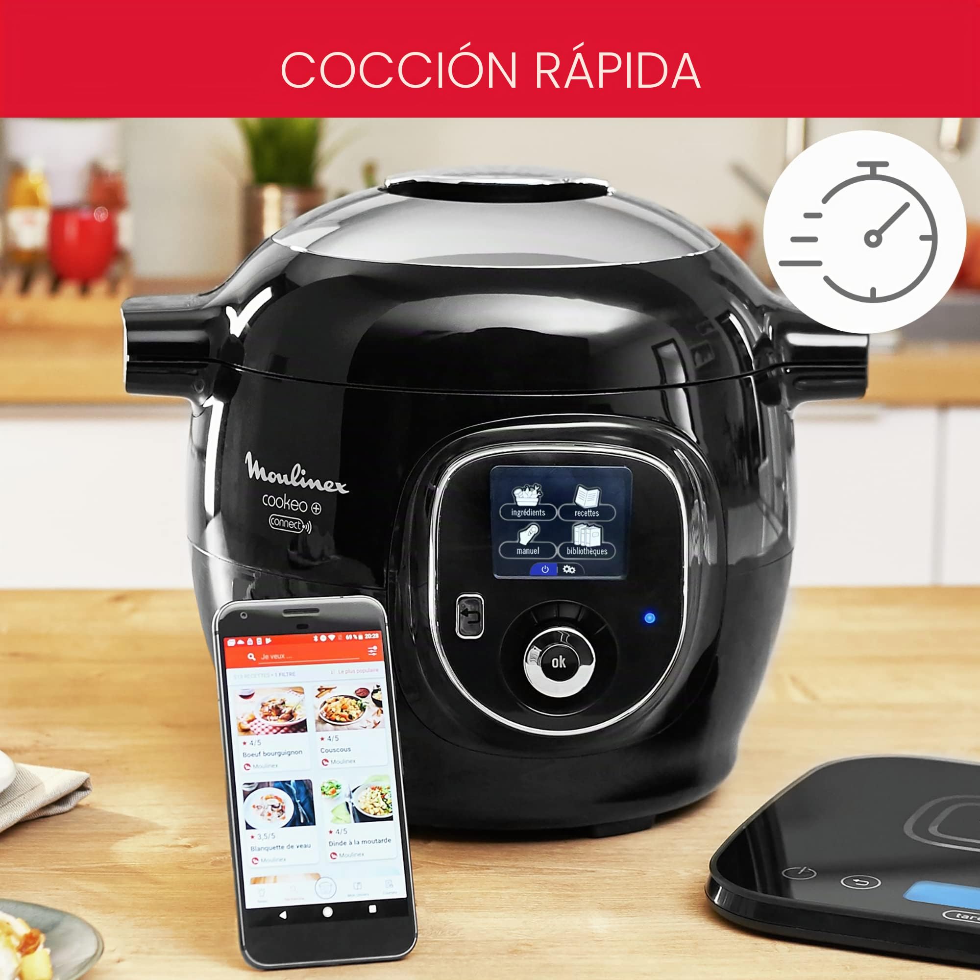 Moulinex Olla multicocción inteligente de alta presión, 6 litros, 150 recetas, 6 modos de cocción, guía paso a paso, uso fácil y rápido Negro
