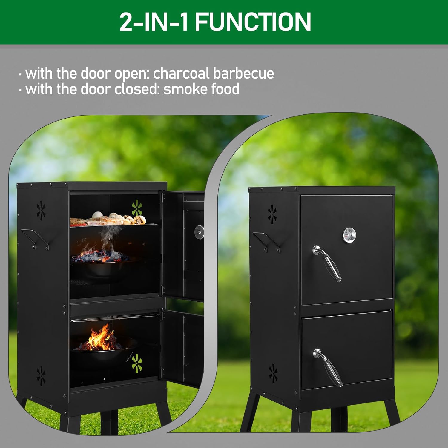 Diagram illustrating the 2-in-1 function of the smoker, showing open doors for grilling and closed doors for smoking