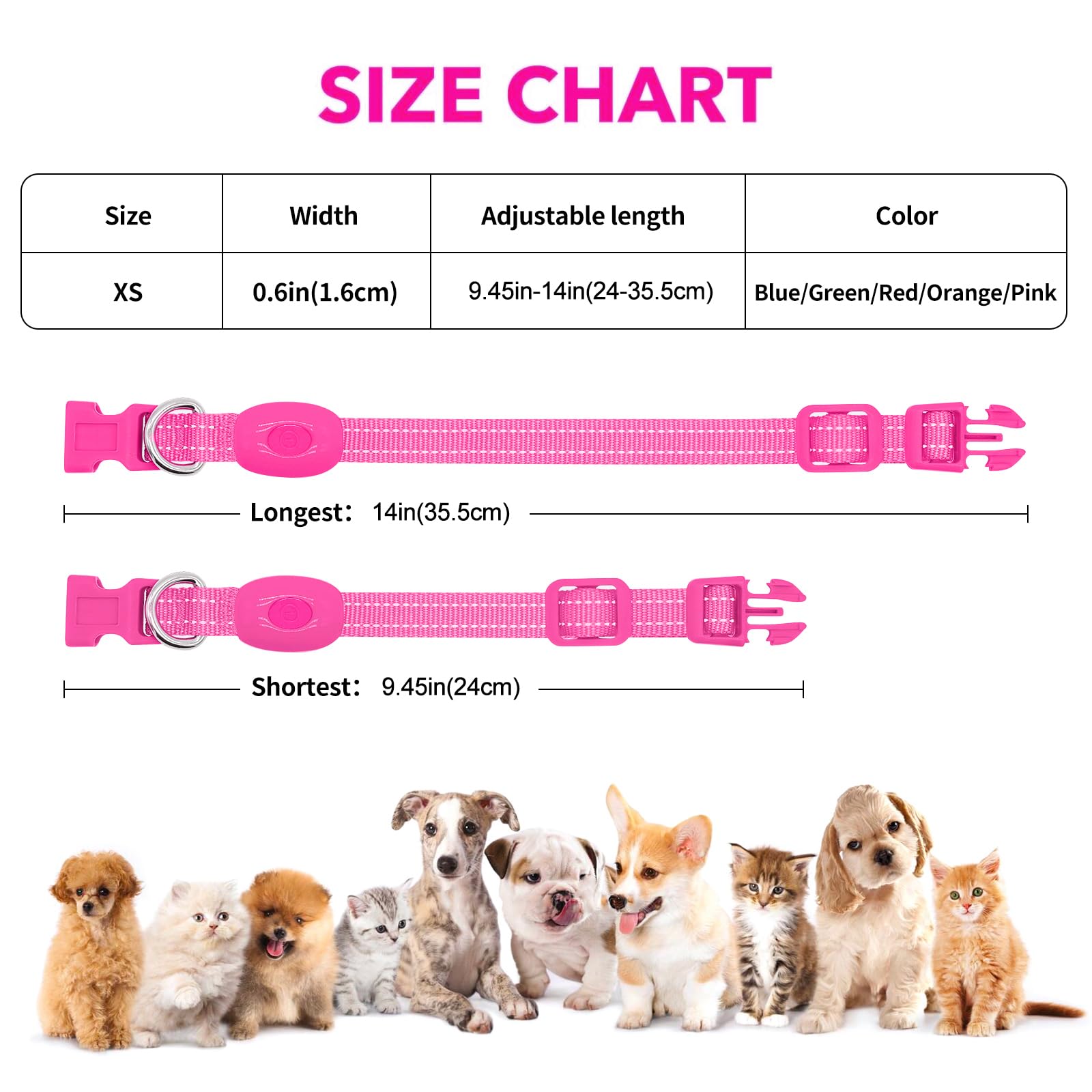 Domi - Collar de Perro con Luces LED, Recargable por USB, Brilla en la Oscuridad, Collares Reflectantes Intermitentes Ajustables para Tus Perros y gatos pequeños (XS, Rosa)