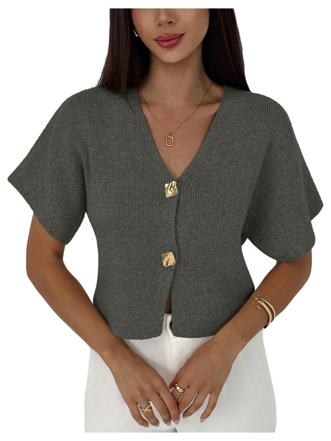 SOLY HUX Womens Short Sleeve Office 2025 Fall Winter Cardigan Sweater Button Down V Neck Slim Fit Knit