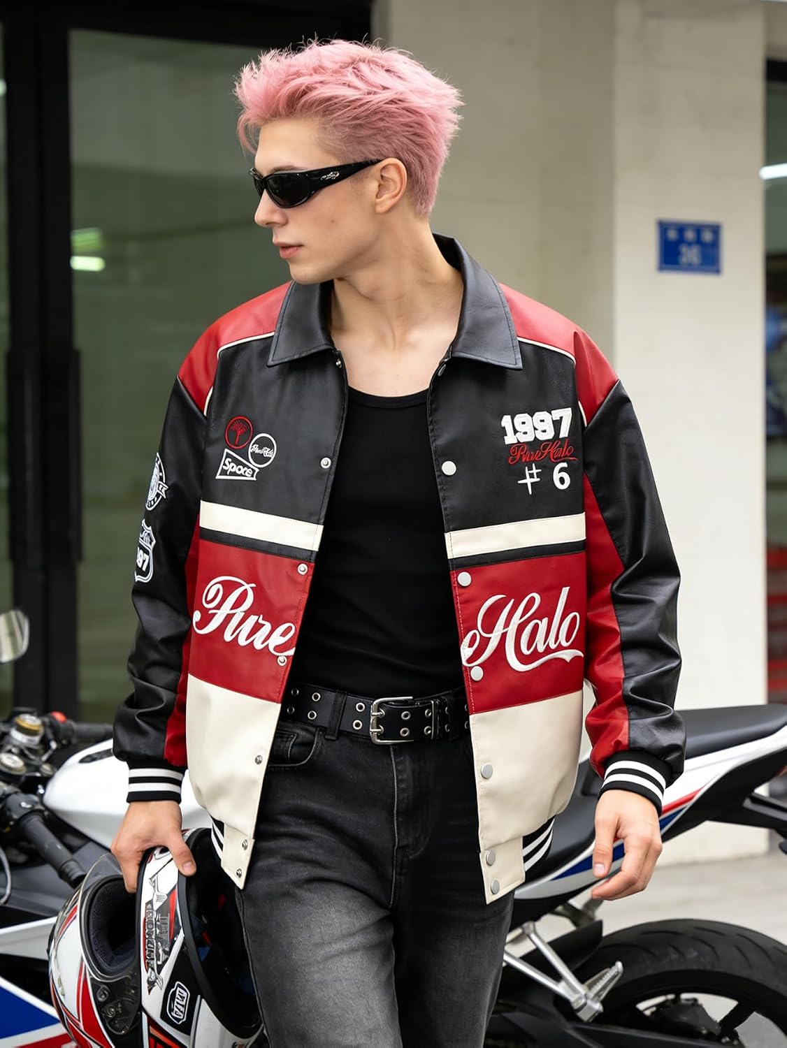 Men's Racing Jacket Faux Leather Racer Motorcycle Biker Jacket in Motocross Style