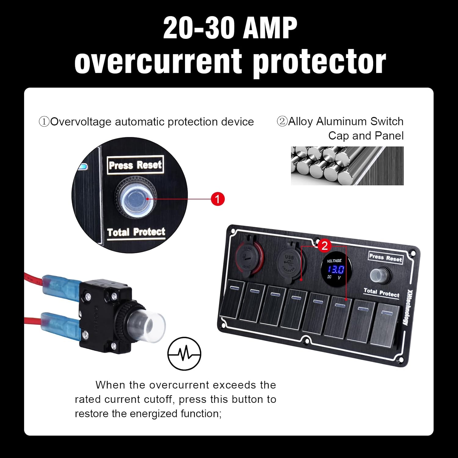 8 Gang Marine Rocker Switch Panel with 5v 1/2.1Amp Dual USB Charger Digital Voltmeter Lighter Socket Press Protector Waterproof Aluminum 12/24V Rocker Switch (Black, 8 Gang)