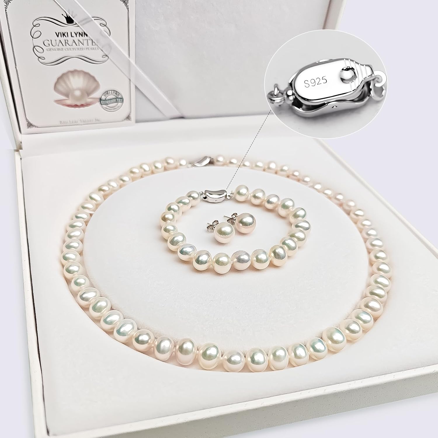 VIKI LYNN Freshwater Cultured Pearl Necklace Set Includes Stunning Bracelet and Stud Earrings Jewelry for Women Gift for Mother's Day, Anniversary, Birthday, Wedding