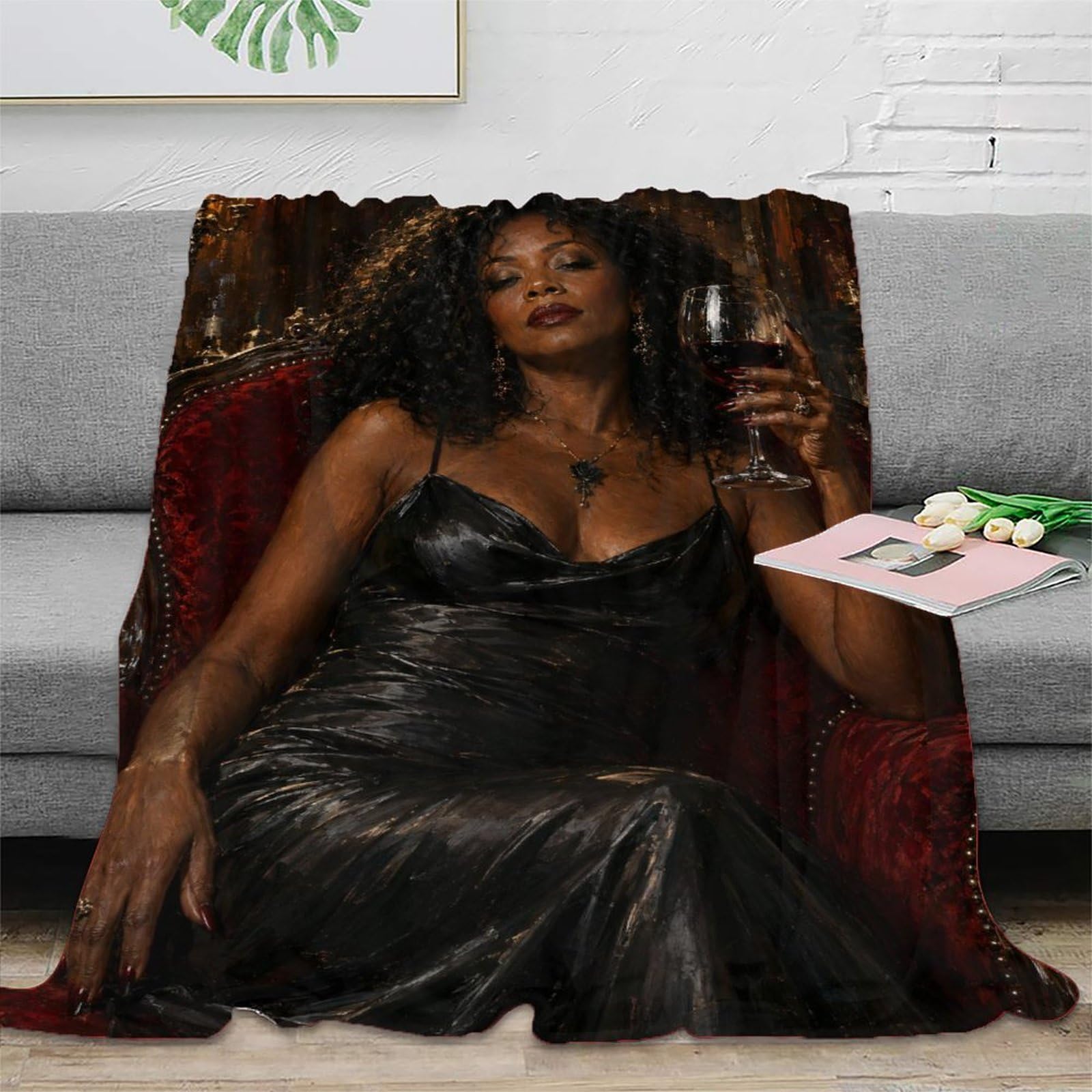 W7C8U2X3 Elegant Black Woman Wine Glass Throw Blanket, Flannel, Bedroom