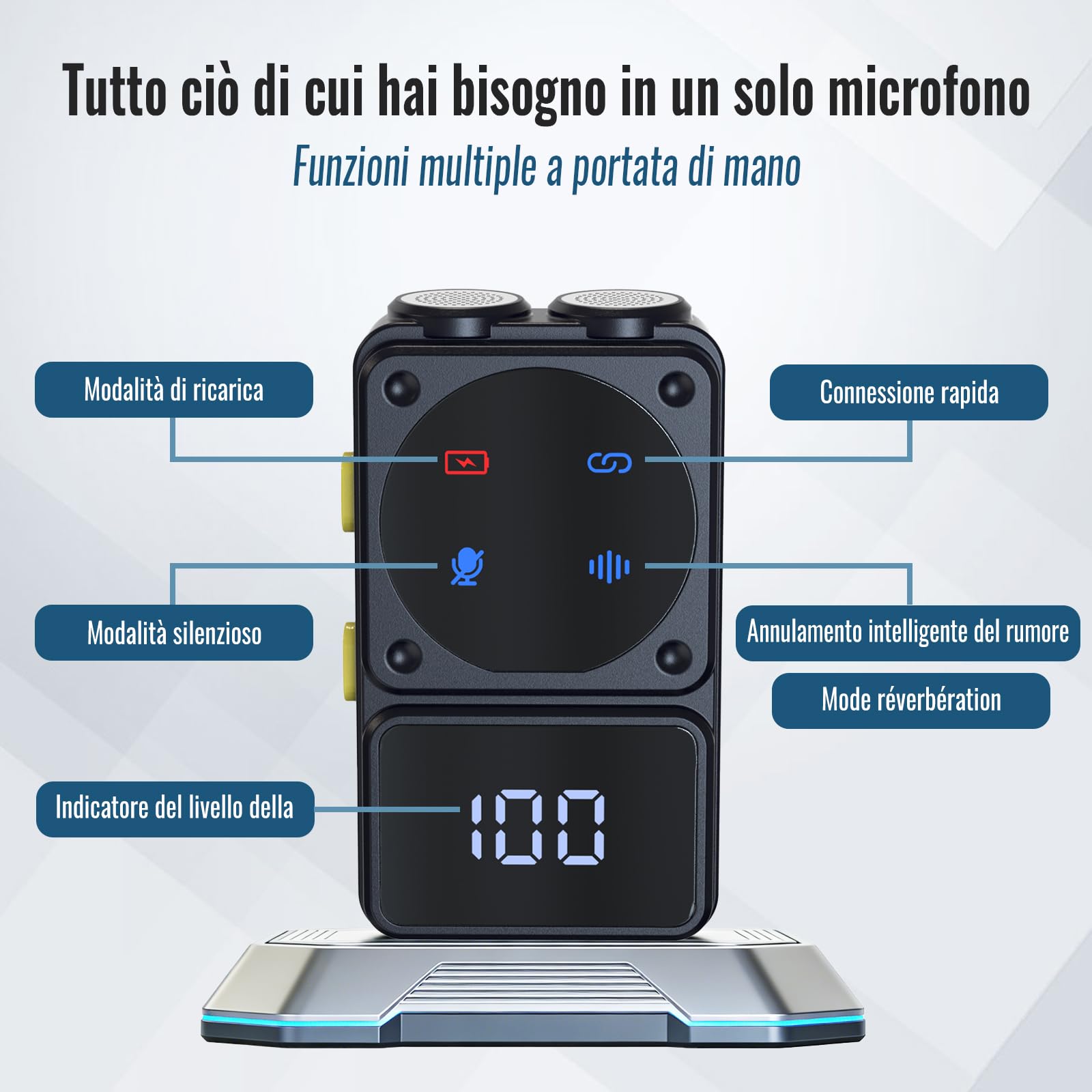 Microfono Lavalier Wireless iOS Android con Riduzione Rumore | 45H Autonomia, Custodia con Display Digitale, Trasmissione 50M per Vlog, TikTok, Streaming e Registrazione