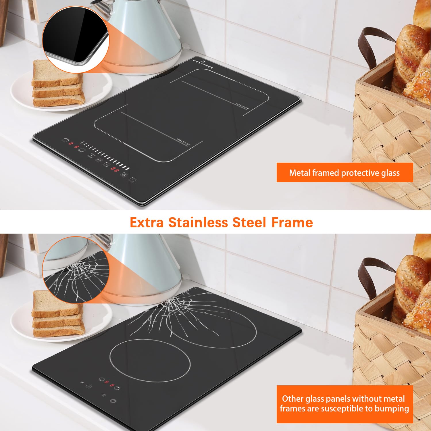 DELITEER, Piano Cottura a Induzione 2 Piastre con Spina, Piano di Cottura da Incasso con Cornice, 3500W, Controllo del Cursore, Zona Flessibile per il Grill, Blocco Bambini, 9 Livelli di Potenza