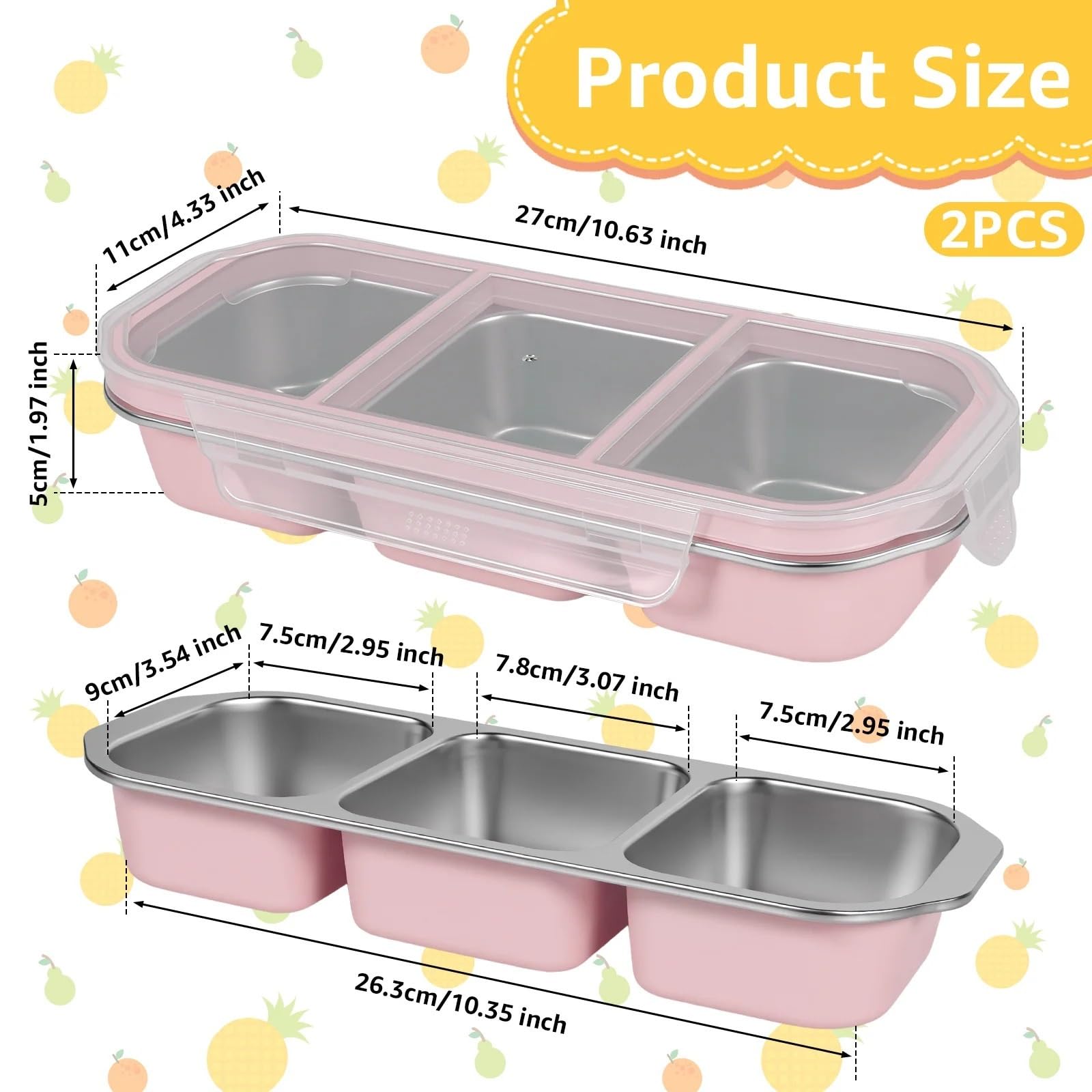 Fiambrera de acero inoxidable con tapa, contenedor aperitivos, almacenamiento alimentos apilable, a prueba fugas for el trabajo, 2 uds para Aperitivos(Pink,3 Grids)