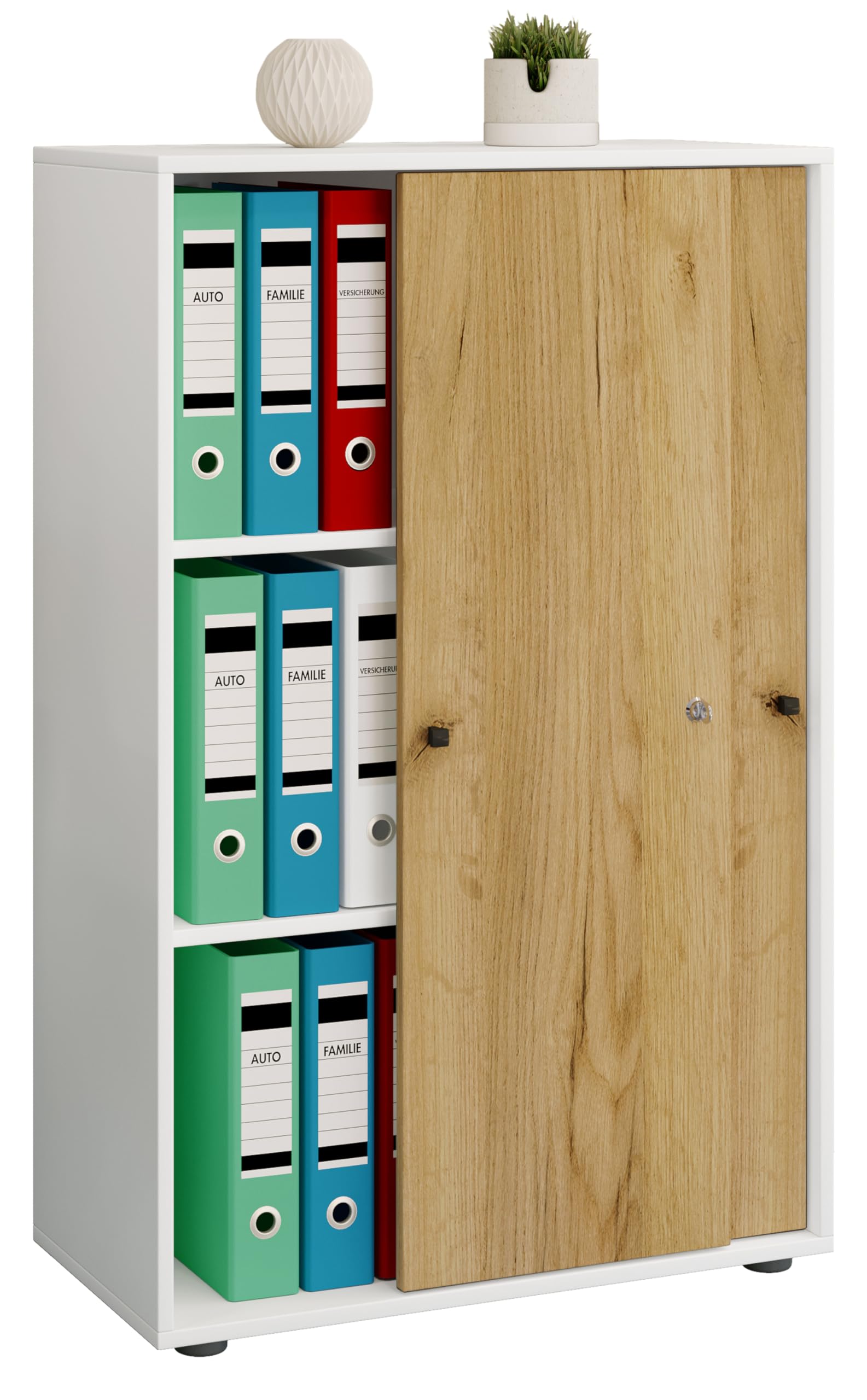 VCM Büroschrank mit 3 Fächern | moderner Aktenschrank mit Schiebetüren und Schloss | Maße ca. B. 70 x H. 111 x T. 40 cm – Lona 3-Fach abschließbar